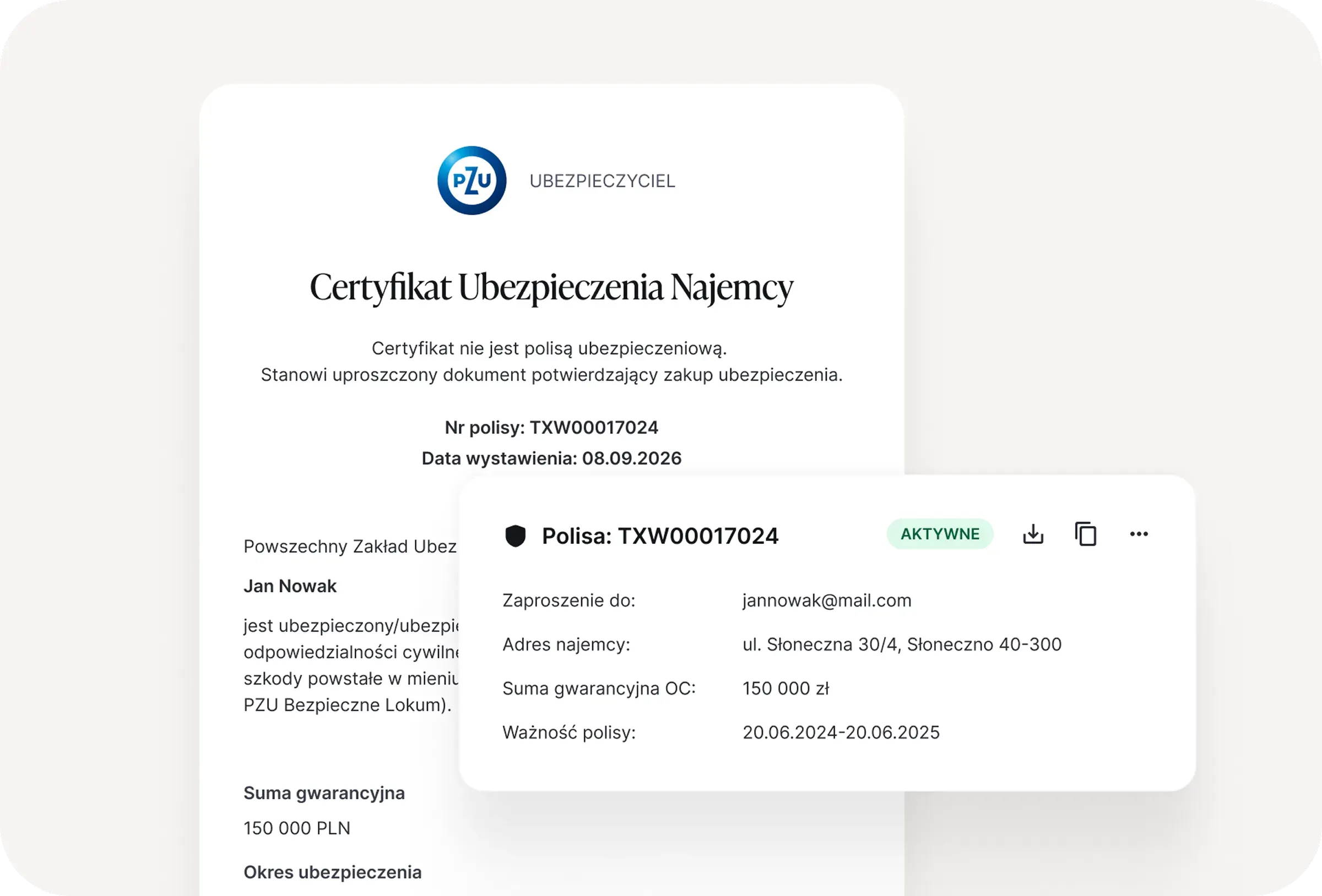 Ekran aplikacji z formularzem danych adresowych i parametrów polisy najemcy – pierwszy krok procesu zapraszania do ubezpieczenia